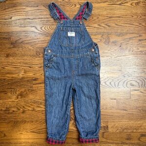 OshKosh B'gosh Girls Ruffled Pocket Soft Blue Denim Overalls Plaid Interior 3T